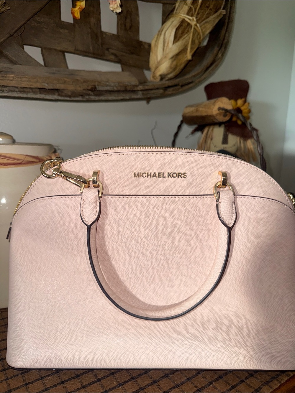 MICHAEL KORS Pale Blush Saffiano Dome Satchel with Gold Hardware